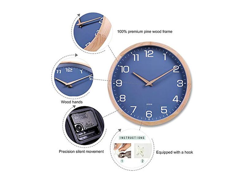 Wood Wooden Blue Simple Wall Clock 12 Inch Silent Non Ticking Modern image number 2