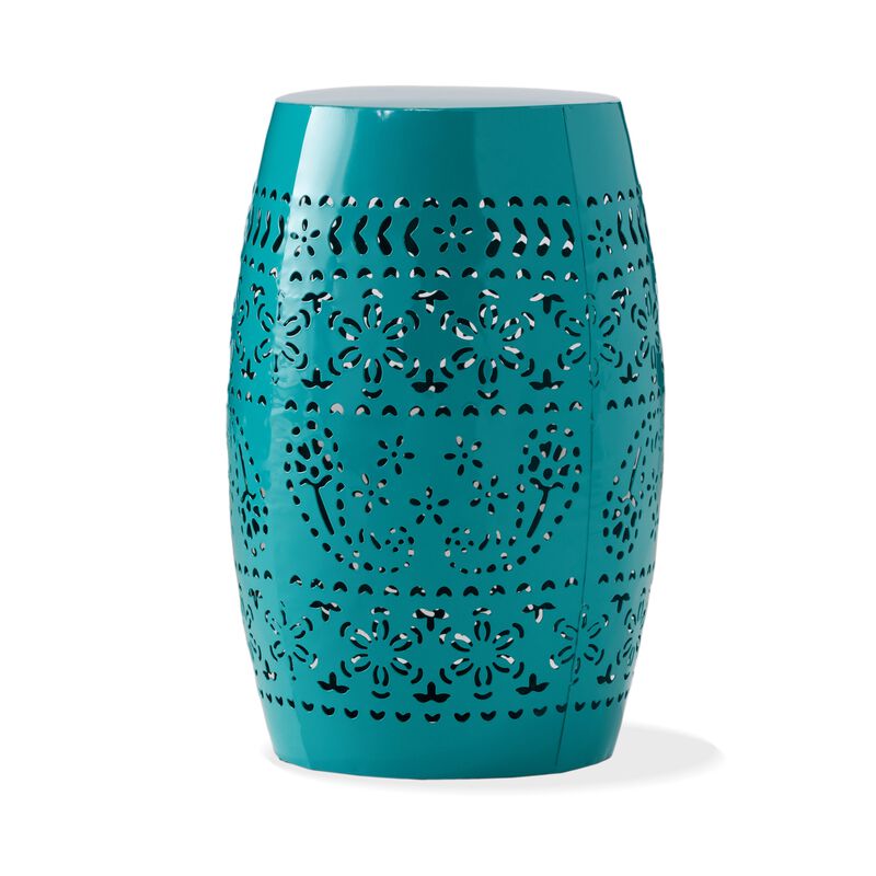 Outdoor Garden Stool Side Table, Lace-Cut 12 Inch Top, Teal Iron - Benzara