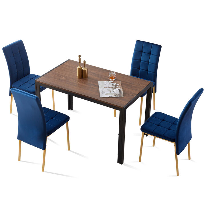 5Piece Dining Set Including Blue Velvet High Back Golden Color Legs Nordic Dining Chair Creative Design MDF Dining Table