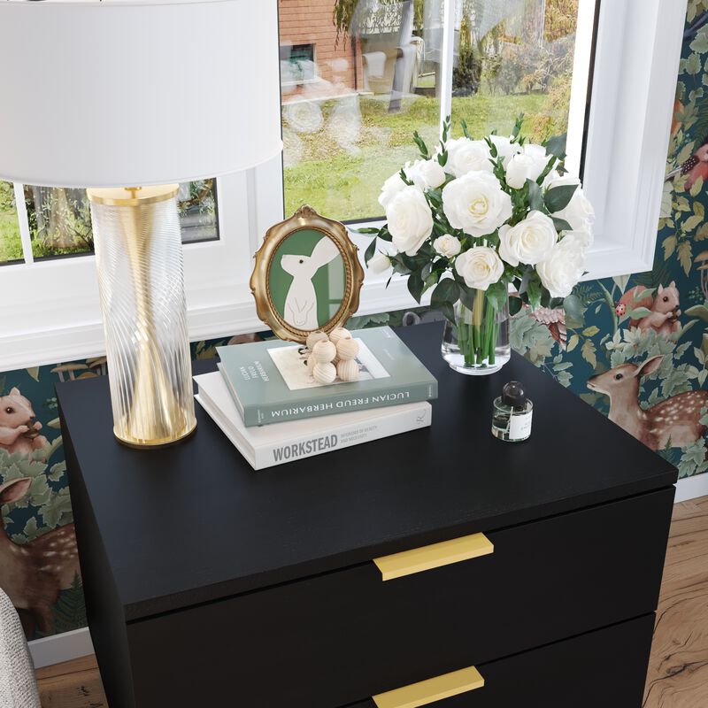 2-Drawer Black Wooden Nightstand Bedside Table With 4 Metal Legs 15.7 in. D x 19.7 in. W x 17.9 in. H