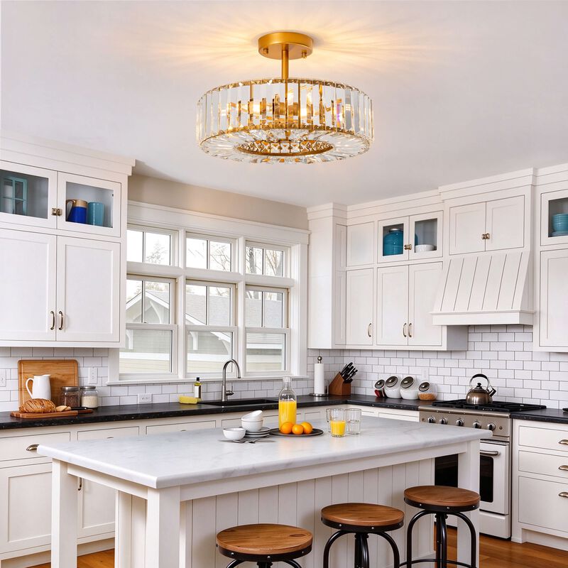 Sonia 15" 4- Light Clear Crystal Glass Round Drum Semi-Flush Mount - Low-gloss Warm Brass Finish image number 5