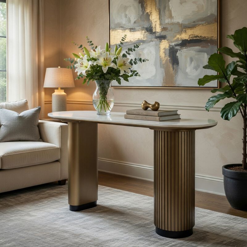 Jeh Sofa Console Table, 55 Inch White Oval Top, Pedestal Base, Oak Brown image number 8