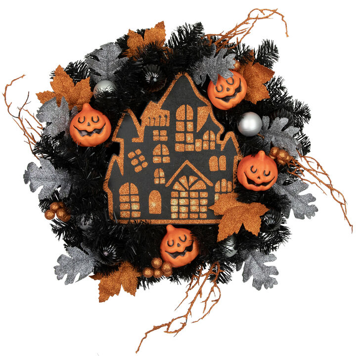 Orange and Black Haunted House Halloween Wreath  24-Inch  Unlit