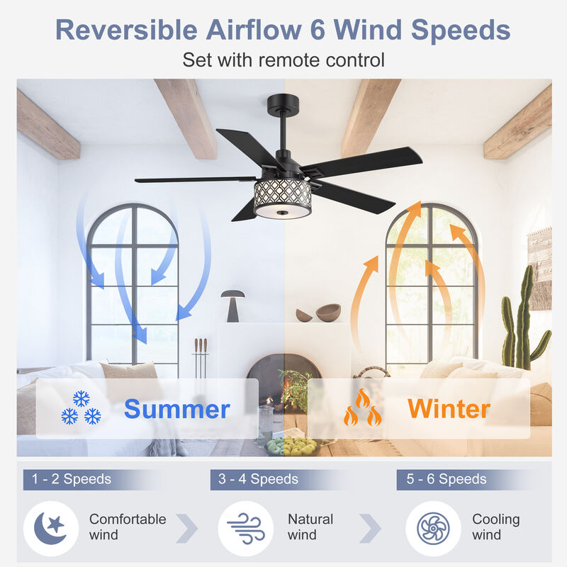 Breezary 52" Ceiling Fan with Lights, 2 E26 Bulbs Required,Remote, 6 Speeds image number 2
