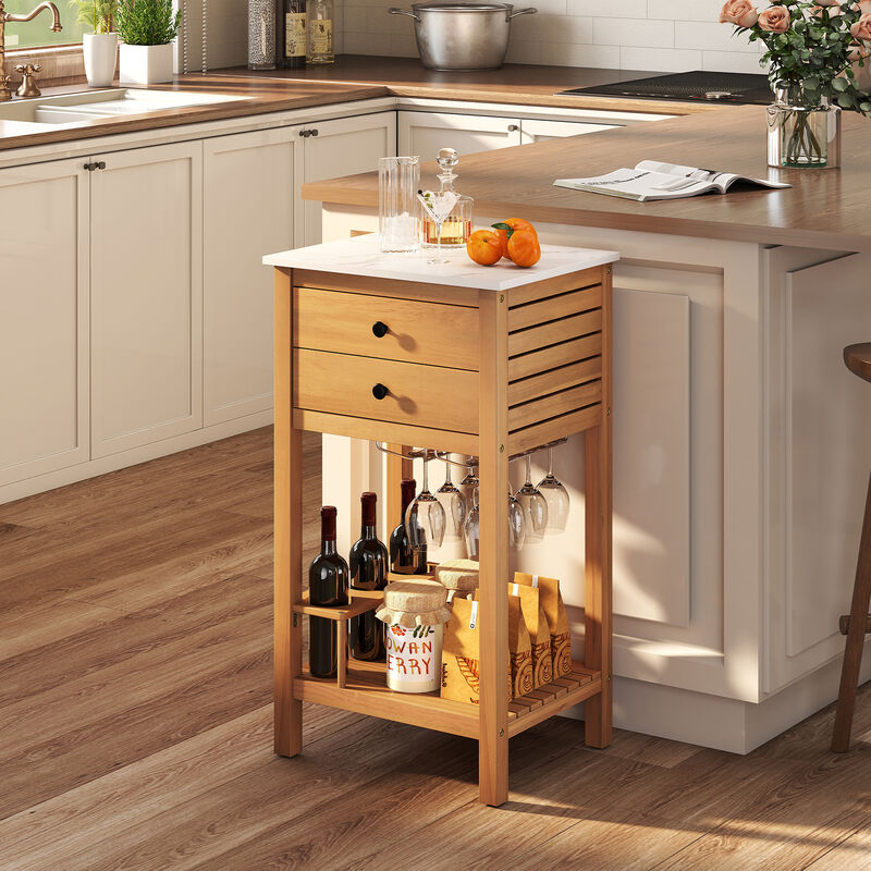 Patio Bar Table Storage Cabinet with Acacia Wood Frame and Faux Marble Top-Natural image number 5