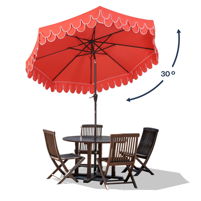 Tracy Classic MidCentury Scalloped Fringe Market Patio Umbrella with Auto-Tilt, Crank, Wind Vent and UV Protection