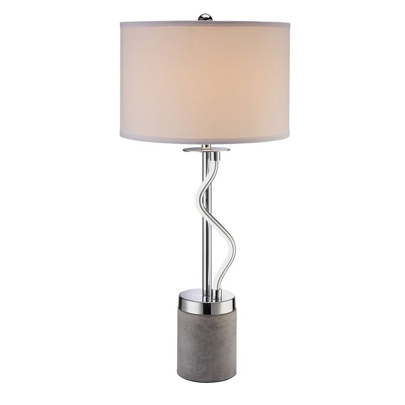 30 Inch Table Lamp, White Drum Fabric Shade, Modern Round Chrome Base - Benzara
