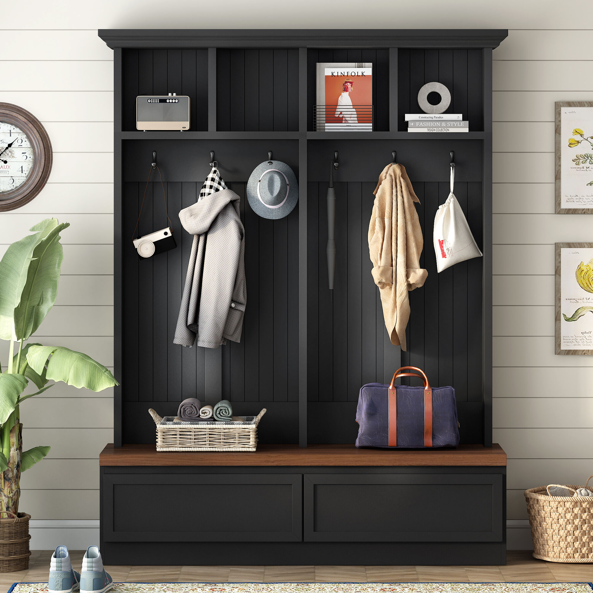 Whisen Farmhouse 4-in-1 Entryway Organizer with Bench