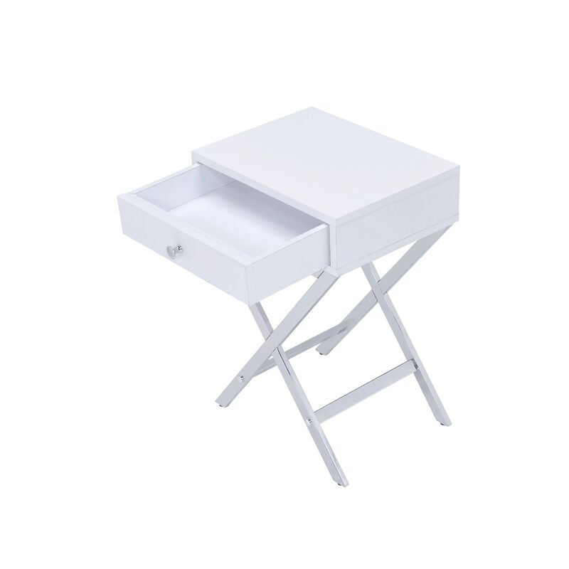 Wood and Metal Side Table with Crossed Base, White and Silver-Benzara