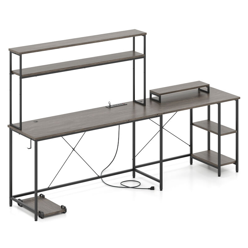 L-Shaped Gaming Desk with LED Strip, Power Outlets, Hutch, and Monitor Stand