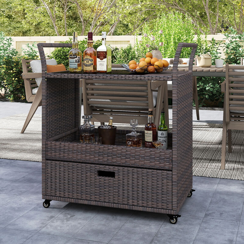Outdoor Rattan Bar Cart Table with Tempered Glass Top and Storage-Mix Brown image number 1
