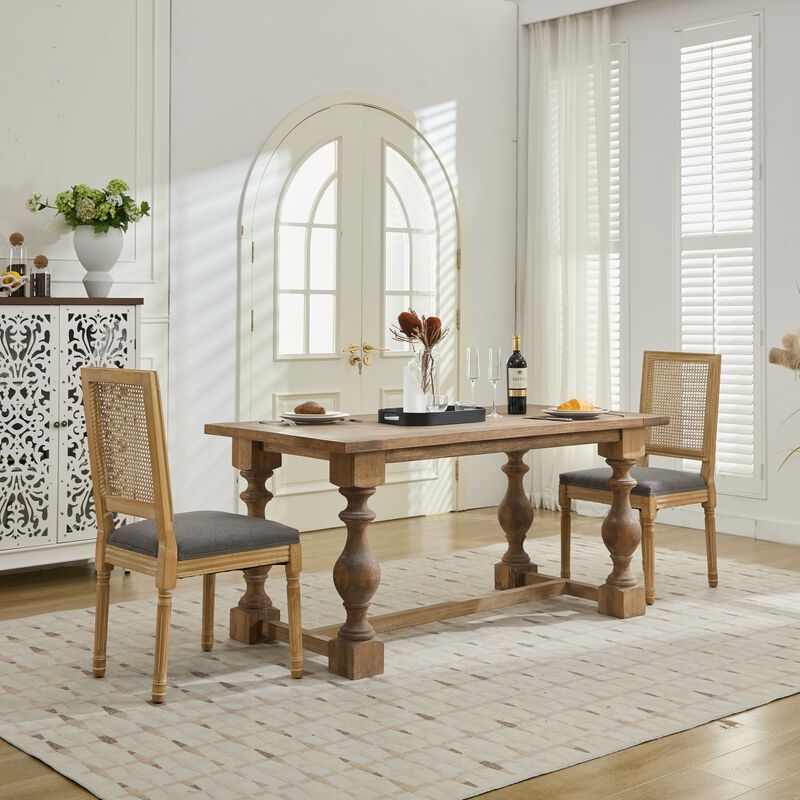 Whisen French Dining Chairs Set of 2, Solid Rubberwood Frame with Linen Upholstery and Rattan Back, for Living Room Kitchen Restaurant image number 3