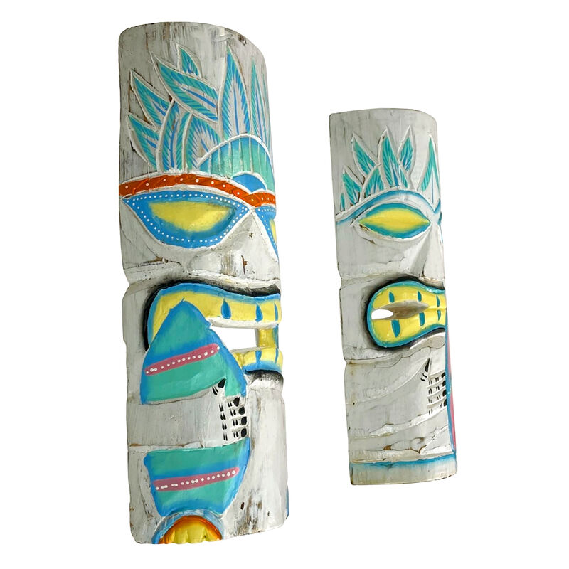 Set of 2 Pastel Surfer Tiki Masks 12" Hand-Carved Wooden Wall Decor Art image number 1