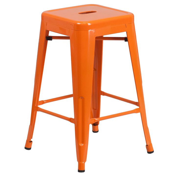 Flash Furniture Kai Commercial Grade 24" High Backless Orange Metal Indoor-Outdoor Counter Height Stool with Square Seat