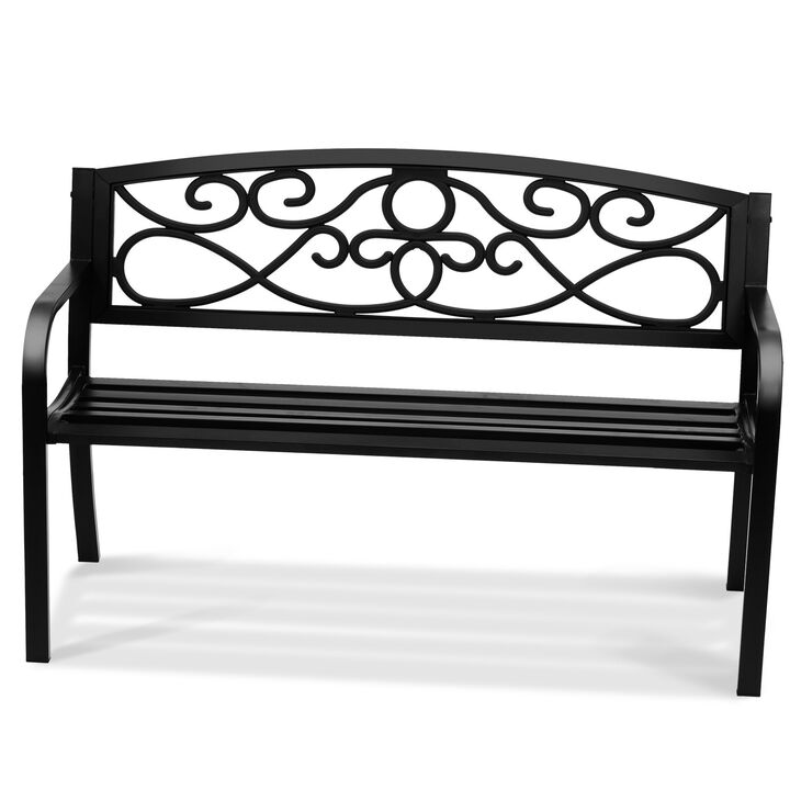 Patio Garden Bench, Metal Outdoor Bench with Backrest & Armrests for Porch Yard