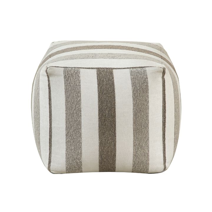Modern Pouf Ottoman, White and Taupe Striped Jacquard, 16 Inch Square