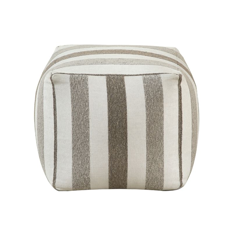 Modern Pouf Ottoman, White and Taupe Striped Jacquard, 16 Inch Square
