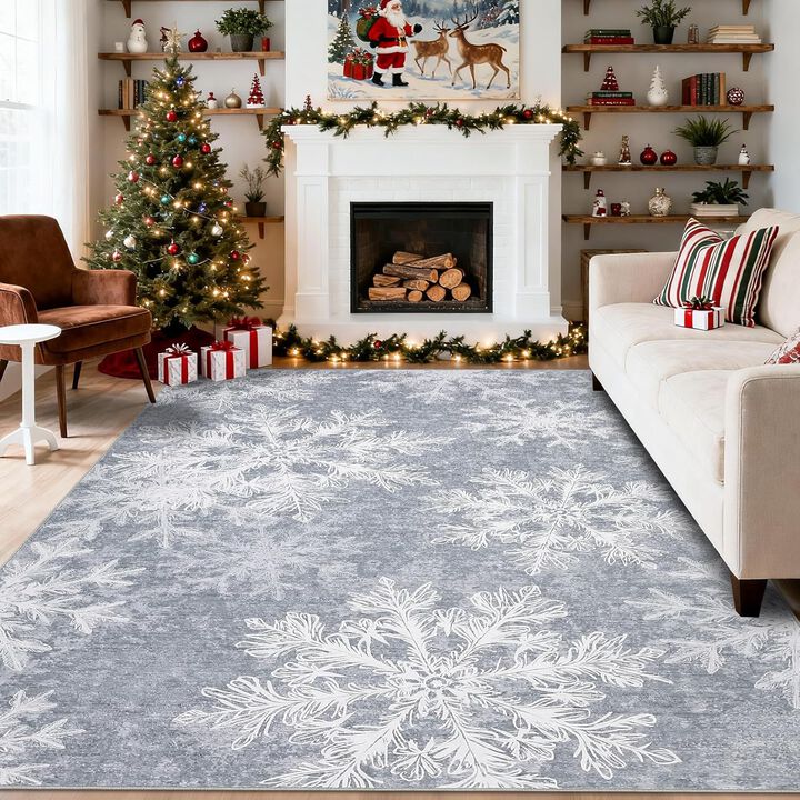 Christmas Washable, Area Rugs Non Slip Living Room Rug, Snowflake Soft Xmas Decor for Nursery Office