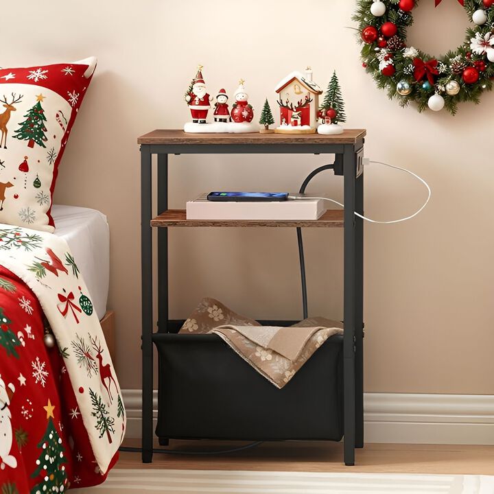 Slim Side Table with Charging Station for Bedroom and Living Room-Brown