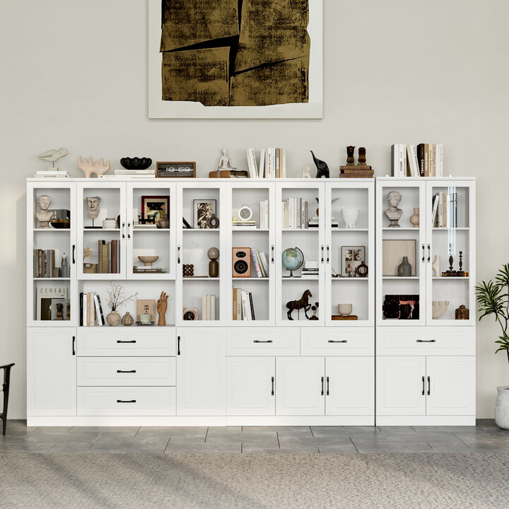 FUFU&GAGA 141.7" Modern Storage Cabinet with Glass Doors & Drawers, White MDF Wall Unit with 9 Glass Doors & 6 Drawers (141.7 in. W x 15.7 in. D x 78.7 in. H)