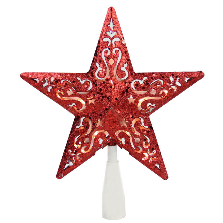 8.5" Red Glitter 5 Point Star Cut-Out Christmas Tree Topper - Clear Lights