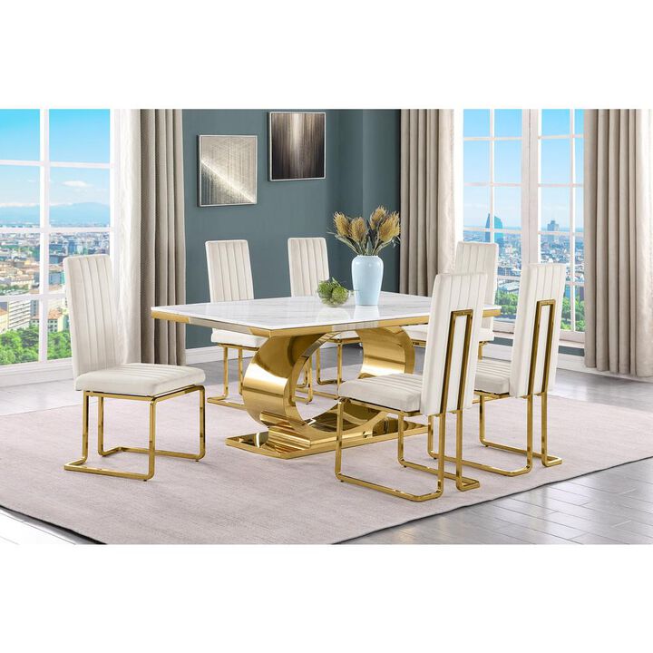 Best Quality Furniture 7pc Small(68) marble top dining set with gold base and 6 Cream side chairs