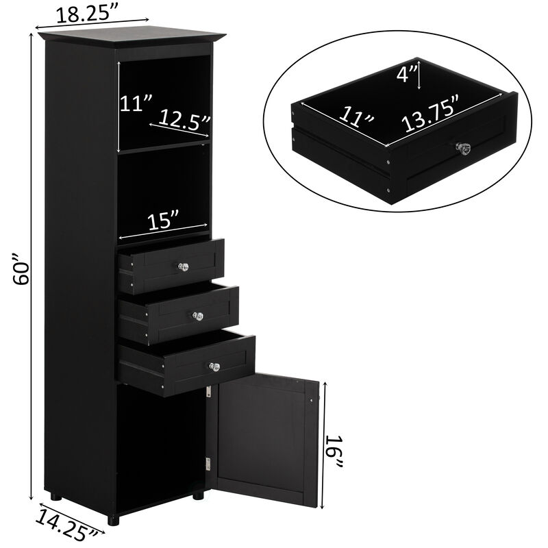 Tall Freestanding Storage Organizer Linen Tower, Vanity Closet, Bathroom Cabinet with 2 Open shelves, 3 Drawers, and a Closet, Black