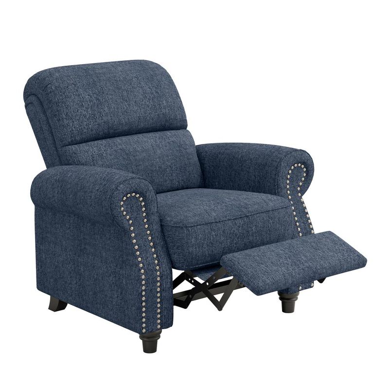 ProLounger Bustle-Back Pushback Recliner with Nailheads in Blue Chenille