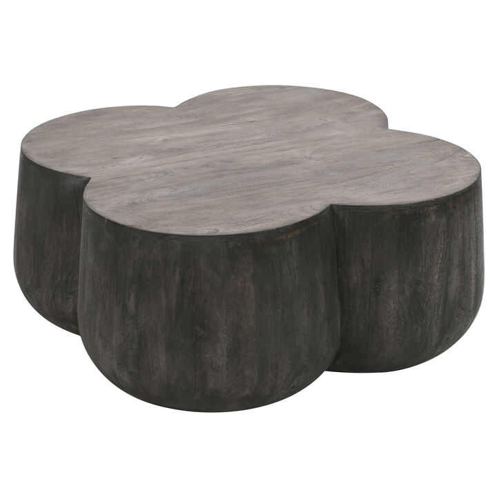 36 Inch Artisanal Classic Coffee Table, Clover Leaf Drum Shaped Mango Wood Frame, Gray-Benzara
