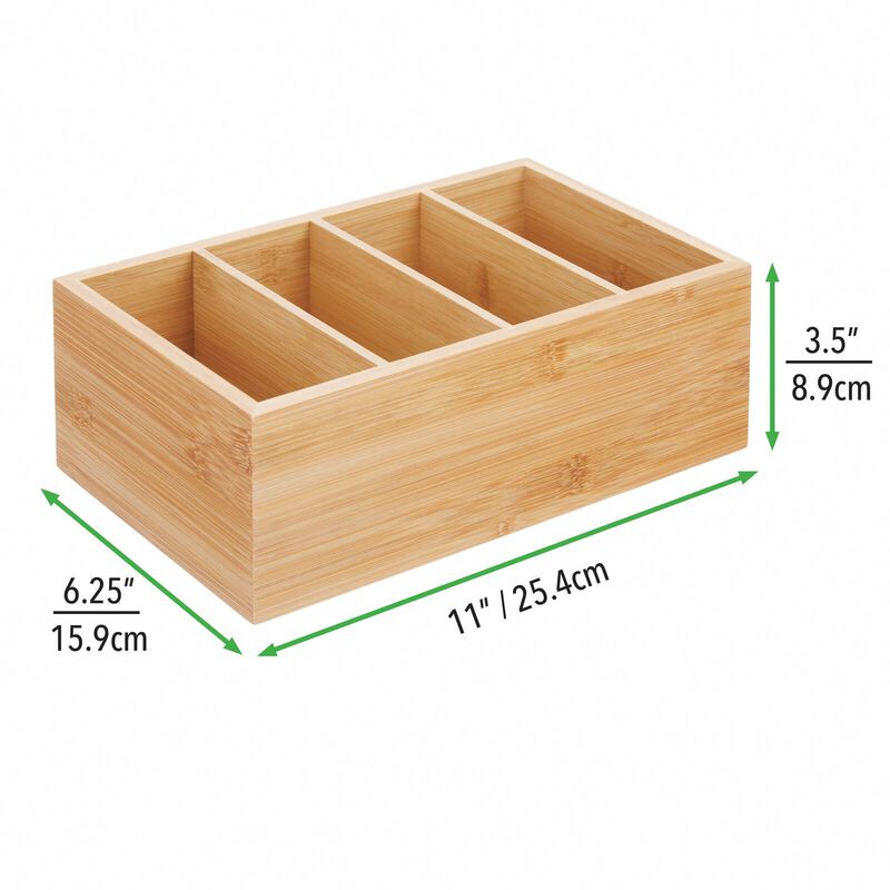 mDesign Bamboo Wood Food Storage Organizer Bin Box - 4 Divided Sections, Natural