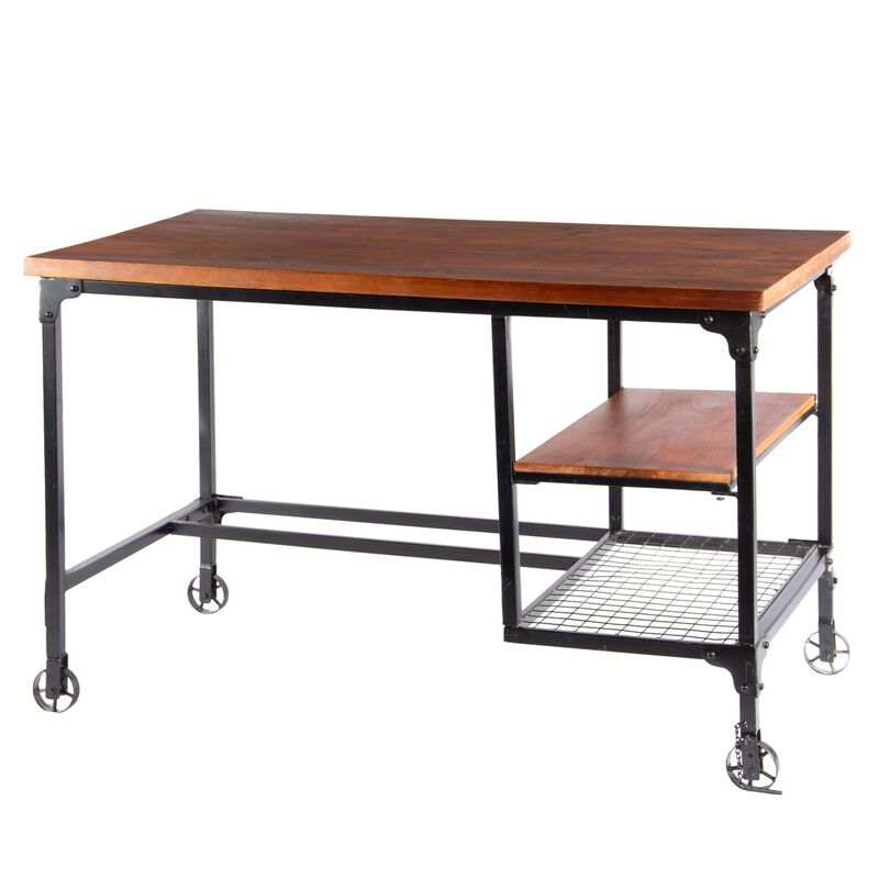 Industrial Style Wood and Metal Desk with Two Bottom Shelves, Brown and Black-Benzara