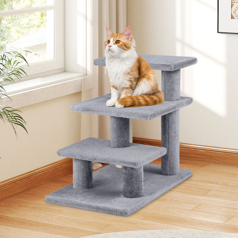 Plush 3 Tier Cat Stairs with Scratching Posts for Beds and Sofas-Grey image number 6