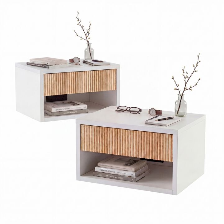 Elise Classic Contemporary Floating Wall Mounted Nightstand with Soft-Close Tambour Drawer and Cable Hole (Set of 2)