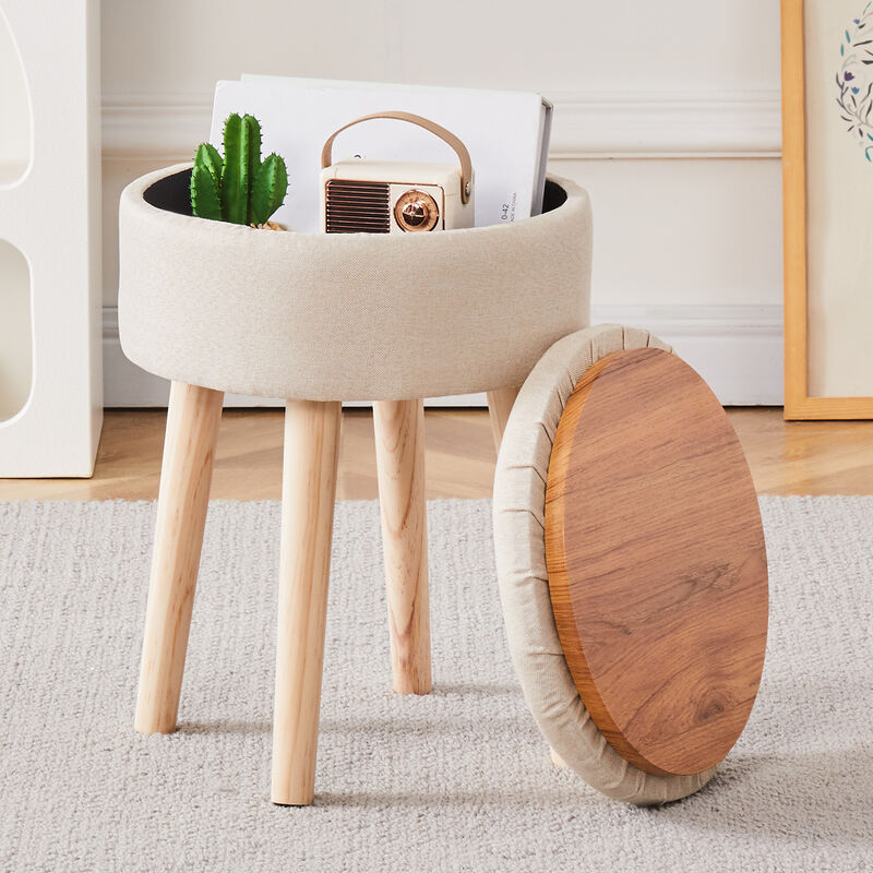Storage Ottoman Linen Round Vanity Stool with Wood Legs – Multifunctional Foot Rest