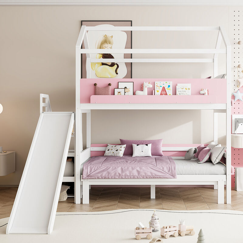 Merax Twin Over Twin/Full House Bunk Bed with Slide & Storage Guardrails image number 3
