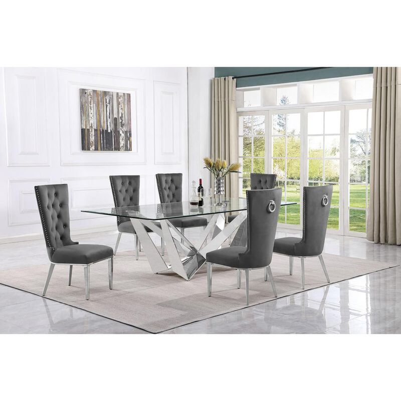 7pc Large(94") glass top dining set with silver base and 6 Dark grey side chairs