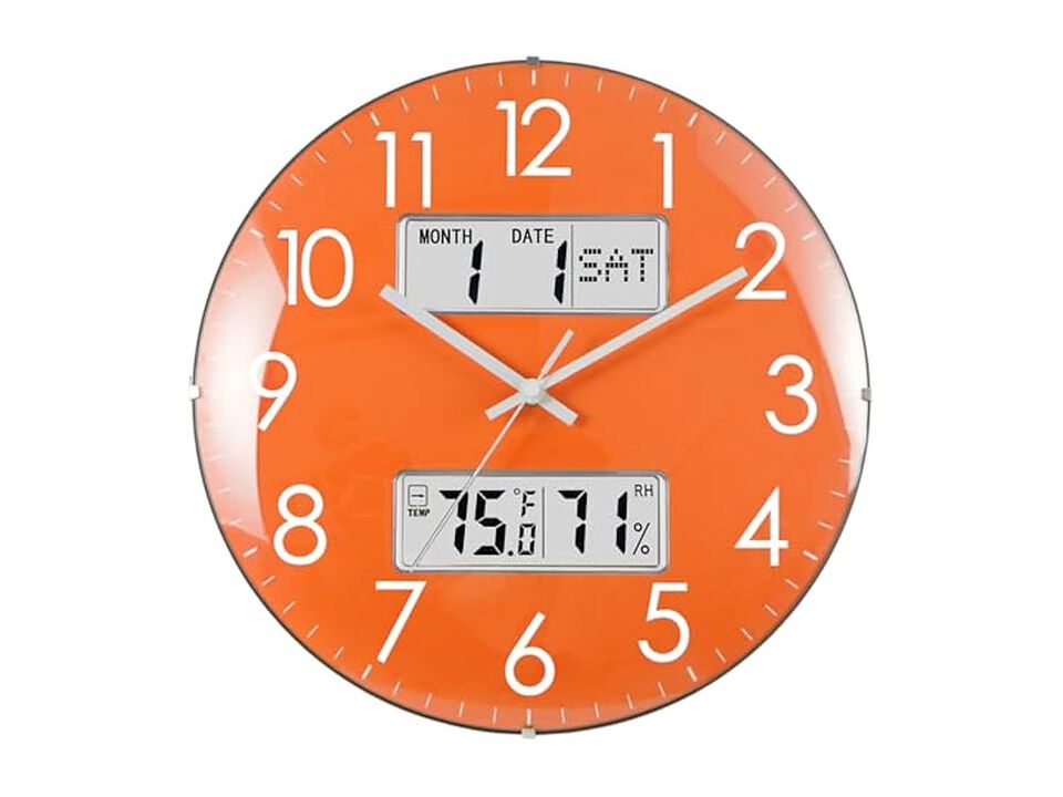 Calendar Temperature Humidity Orange Wall Clock Silent Home Decor