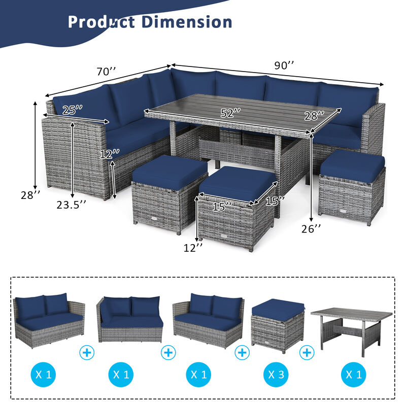 7 Pieces Patio Rattan Dining Furniture Sectional Sofa Set with Wicker Ottoman image number 6