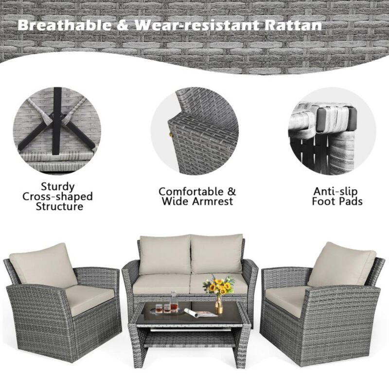 Hivvago 4 Pieces Patio Rattan Furniture Set Sofa Table with Storage Shelf Cushion