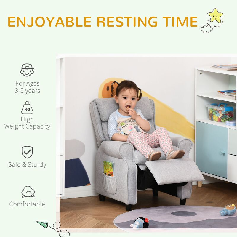 Light Grey Kids' Lounger: Adjustable Recliner with Footrest for Ages 3-5