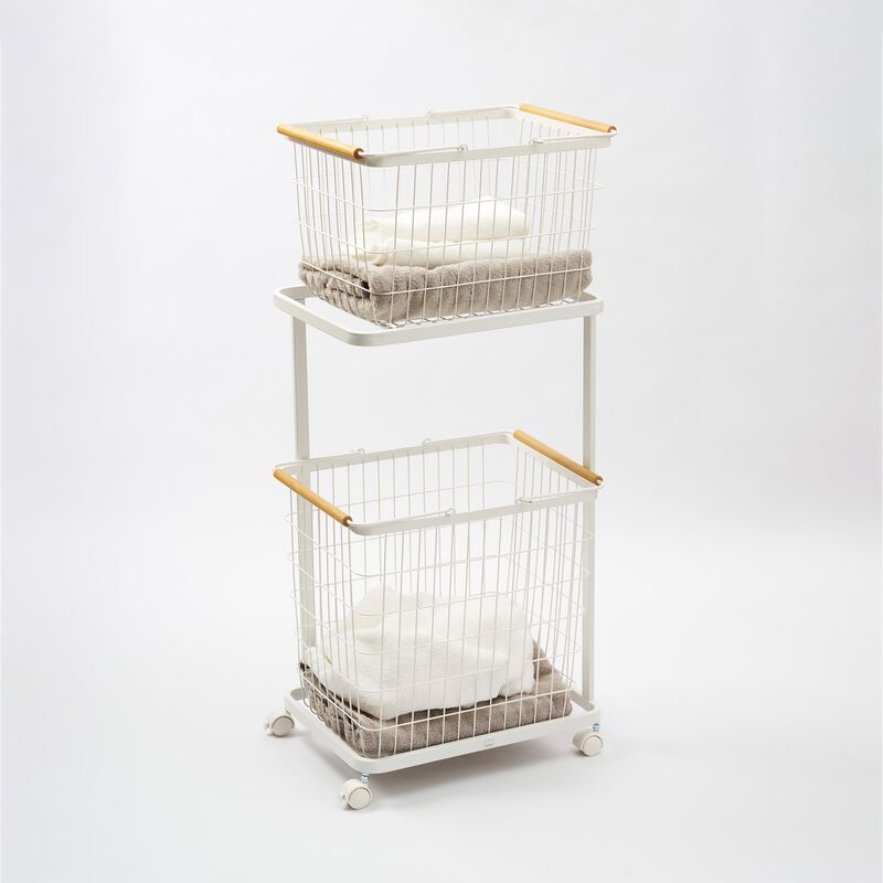 Rolling Laundry Cart + Wire Baskets (38" H)  - Steel + Wood image number 0