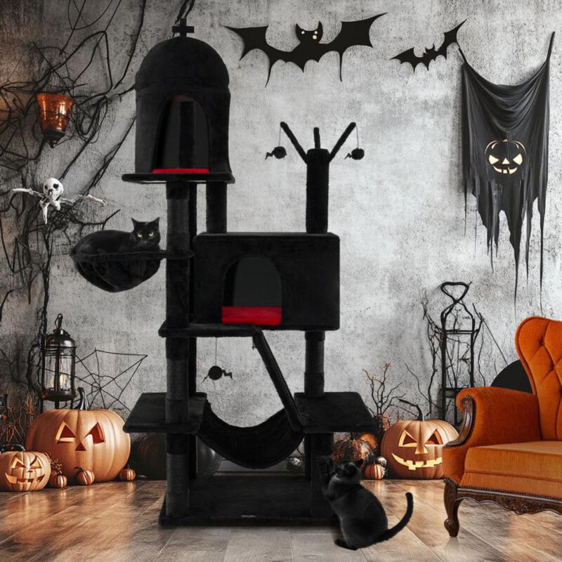 Hivvago Gothic Cat Tree with 2 Cat Condos and Spooky Dangling Ball for Indoor Cats