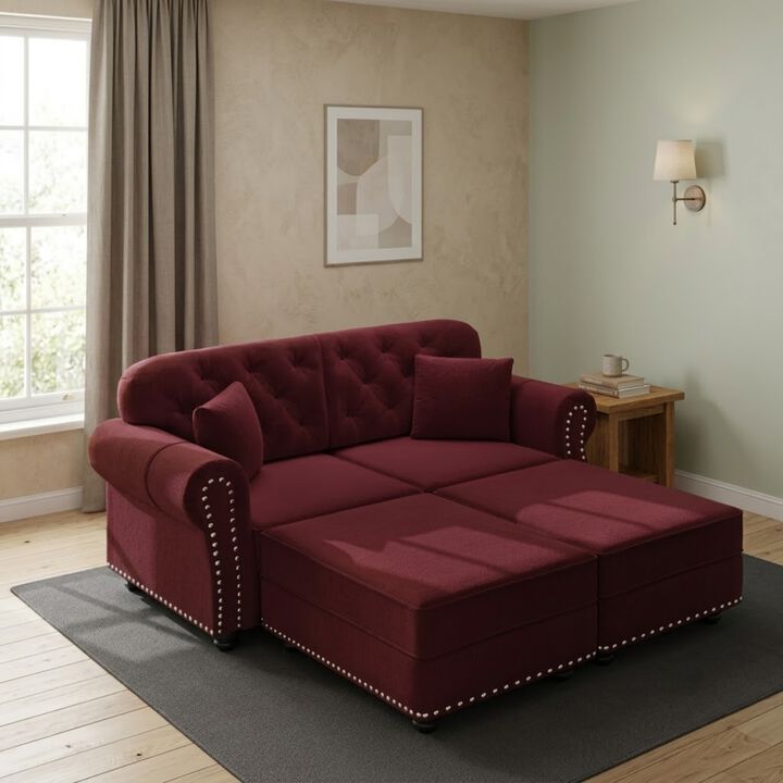 Whisen 2 Seat Velvet Upholstered Sofa with 2 Ottomans, Nailhead Trim, Mid-Century Modern, for Living Room
