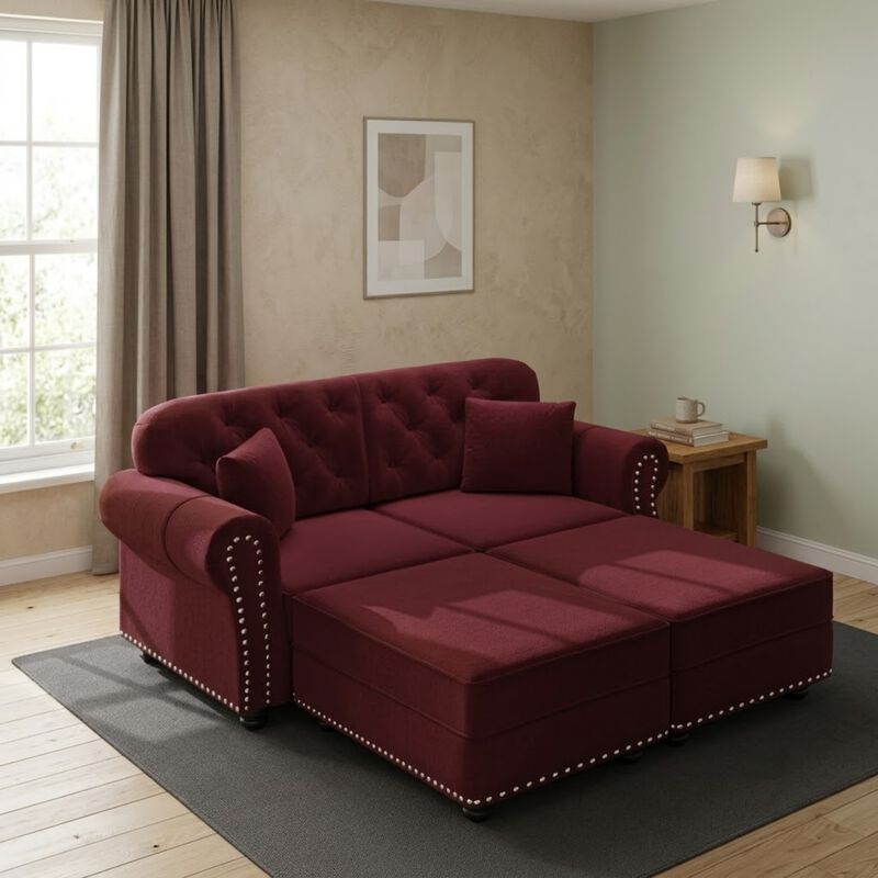 Whisen 2 Seat Velvet Upholstered Sofa with 2 Ottomans, Nailhead Trim, Mid-Century Modern, for Living Room image number 1