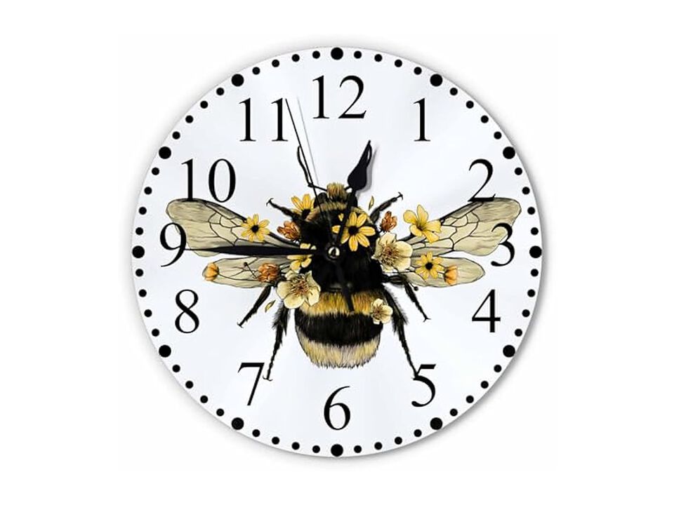 Bee Wings Flowers Yellow Bug Wall Clock 10 Inch Silent Non Ticking Modern