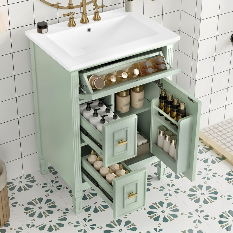 Merax Bathroom Vanity with Ceramic Sink, Cabinet, Flip Drawer & 2 Side Drawers &ndash; Solid Wood Frame image number 2