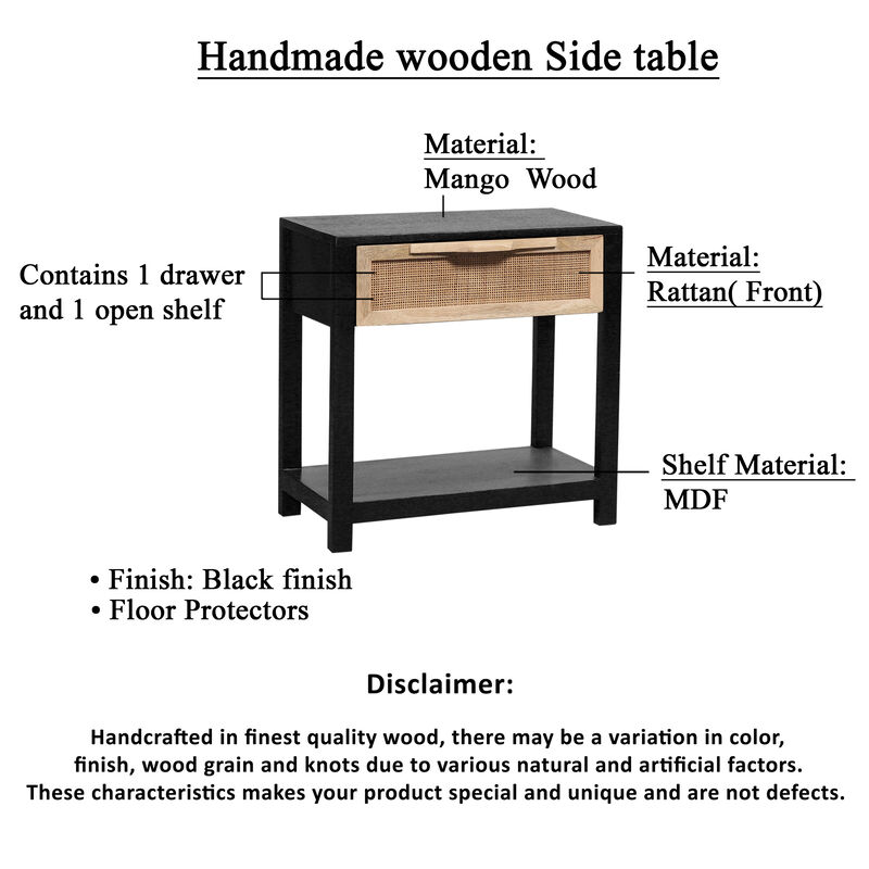 Rosette 22 Inch Side End Table, Natural Brown Rattan Front Drawer, Open Shelf, Black Mango Wood Frame