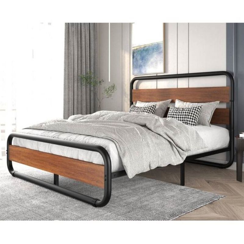 QuikFurn King size Heavy Duty Industrial Modern Metal Wood Platform Bed Frame with Headboard