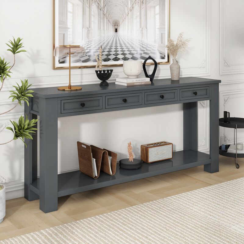 Whisen Rustic Rectangle Wood Console Table with 4-Storage Drawers and Bottom Shelf