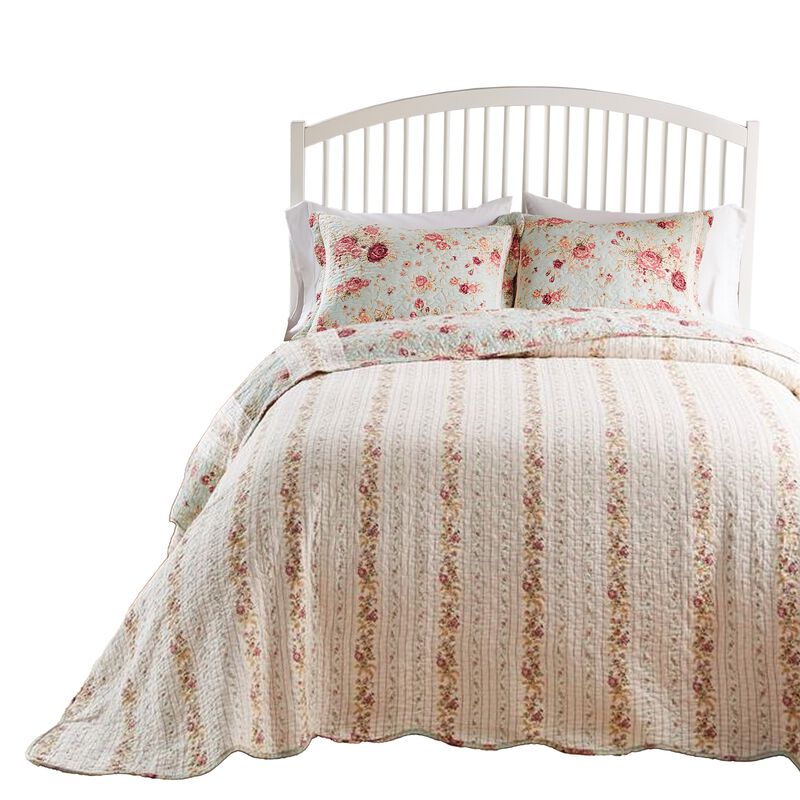 Rosle 3pc King Bedspread Set, 2 Shams, Reversible Rose Print, Blue Cotton - Benzara